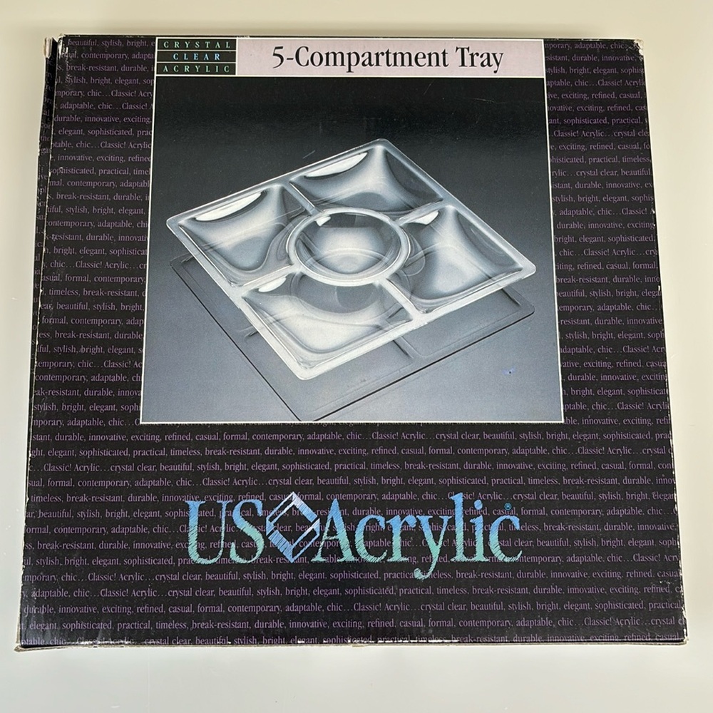 US Acrylic 5 Compartment Section Square Serving Tray Chips Dip Veggies Toppings